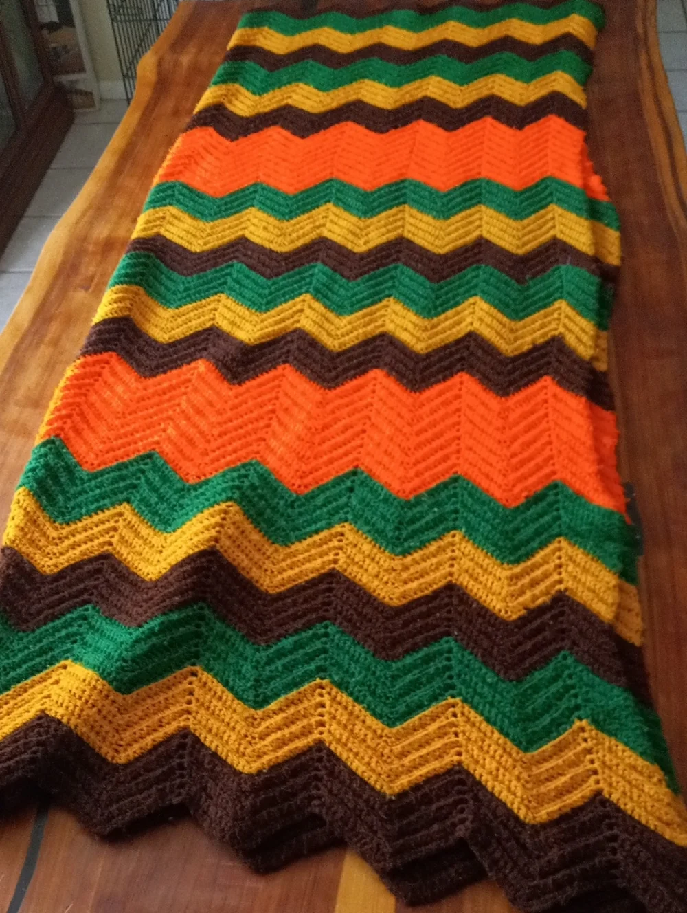 Handmade Chevron Knit Throw Blanket in Green, Yellow, Orange & Brown